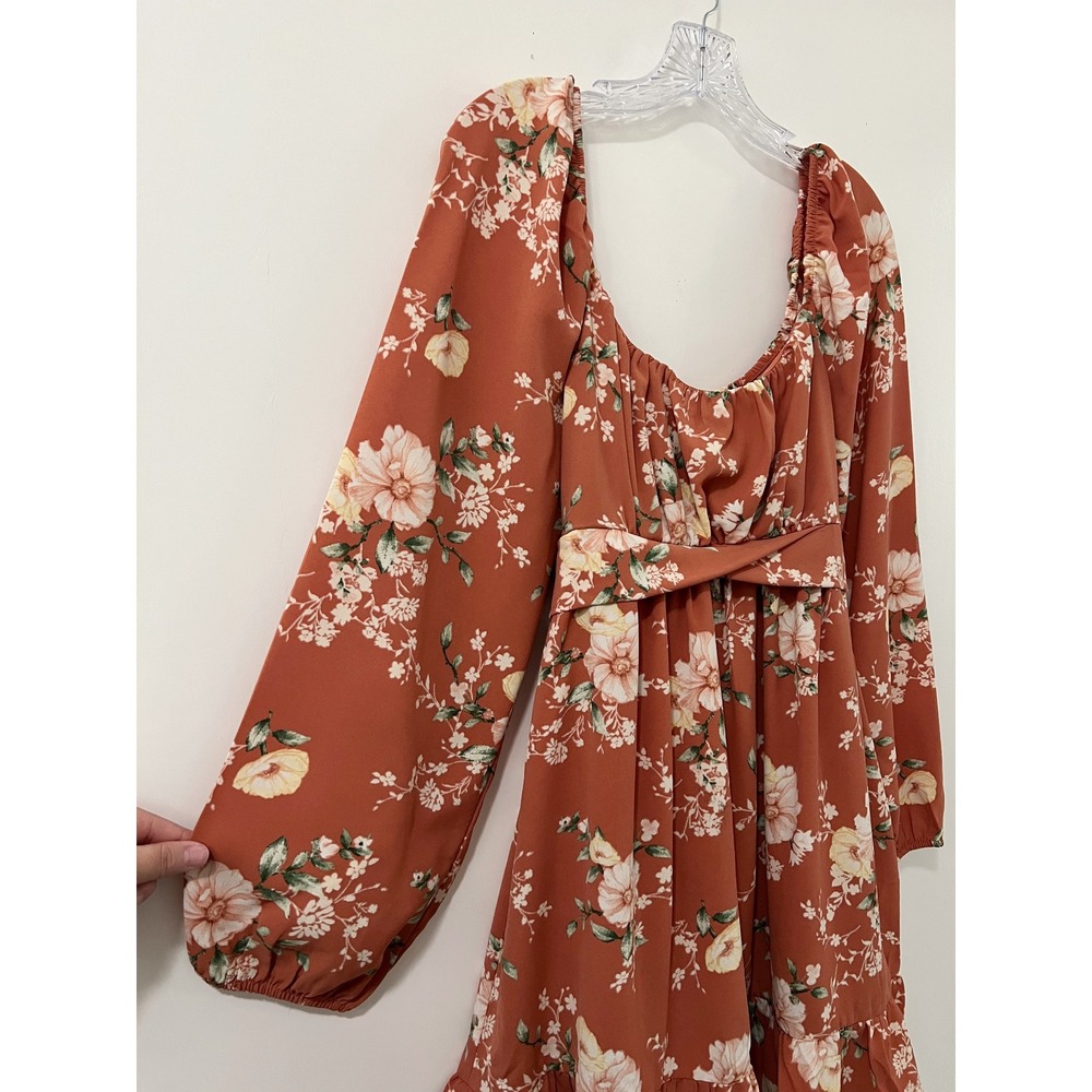 Blu Pepper Dress Terracotta Multi Floral Square Neck Tie Waist Ruffle Mini Large - Picture 4 of 8